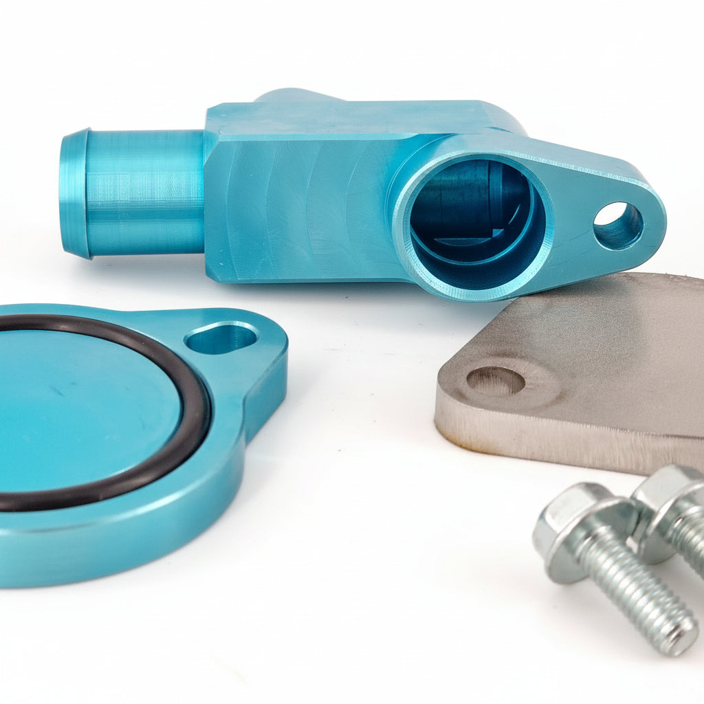 Blue metal components and bolts on a white surface with 'Made in USA' text.